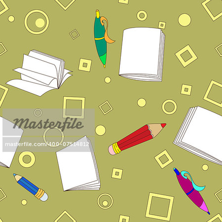 School notes seamless pattern on khaki background. Tools for drawing. Cartoon color background.