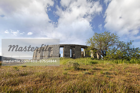 Stonehenge Replica Memorial at Maryhill Washington with White Clouds Blue Sky Scenic Landscape