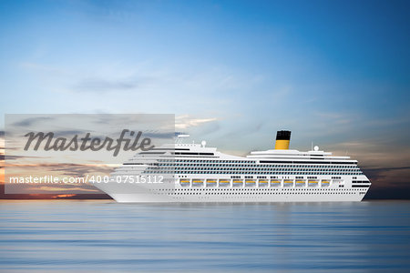 An image of a beautiful cruise ship in the sunset sky