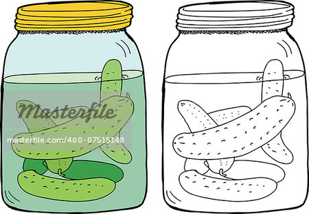 Isolated jar of dill pickles in color and black