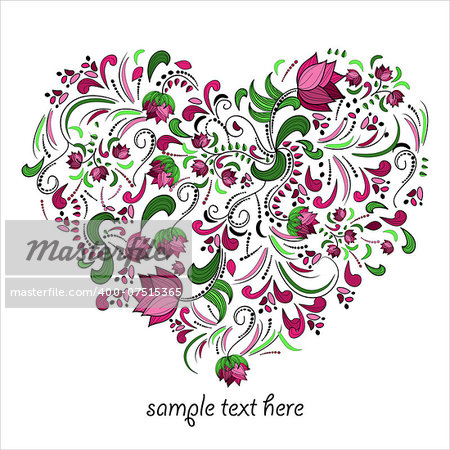 Bright heart made of flowers in vector. Romantic cartoon invitation card. Stylish design element in bright colors