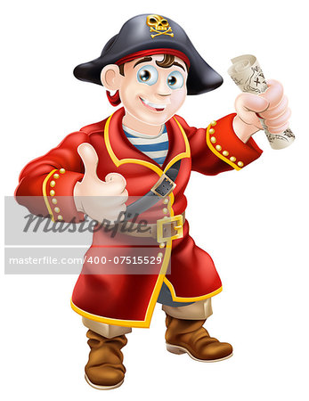 A cartoon pirate giving a thumbs up and holding a treasure map