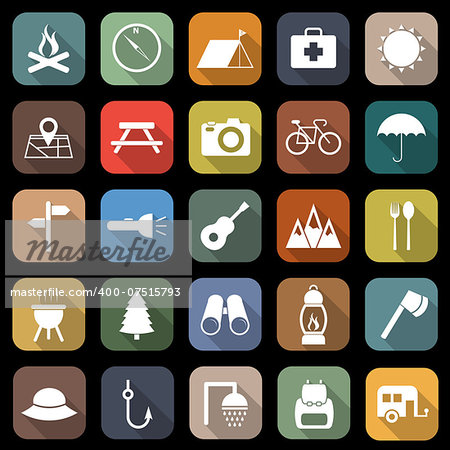 Camping flat icons with long shadow, stock vector