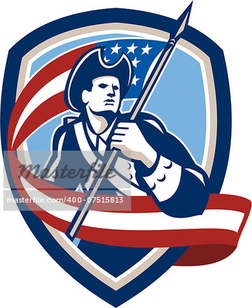 Illustration of an American Patriot revolutionary soldier waving USA stars and stripes flag looking to side set inside shield crest shape done in retro style