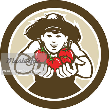 Illustration of organic tomato farmer holding tomato crop produce harvest facing front set inside circle on isolated background done in retro style.