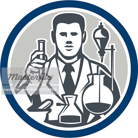 Illustration of scientist laboratory researcher chemist holding test tube with flasks facing front set inside circle on isolated background done in retro style.