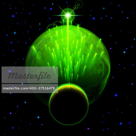 Space background. Big green planet and small one with star shower and bright flare