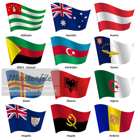 Set  Flags of world sovereign states. Vector illustration. Set number 1. Exact colors. Easy changes.