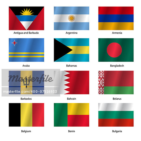 Set  Flags of world sovereign states. Vector illustration. Set number 2. Exact colors. Easy changes.