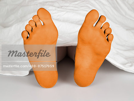 Body under a white sheet, suicide, sleeping, murder or natural death, orange feet