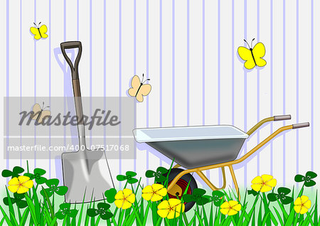 A shovel and a wheelbarrow standing on a white painted wall