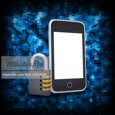 Abstract background is binary code and smart phone with combination lock. Electronic concept