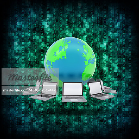 Abstract background is binary code and Earth with laptops. Electronic concept