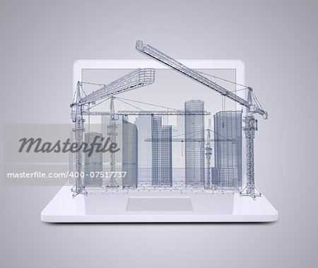 Wire frame tower crane and skyscrapers on the laptop. Gray background