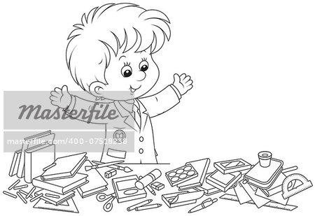 Elementary school student with rules, textbooks, exercise books, pencils and other objects for school