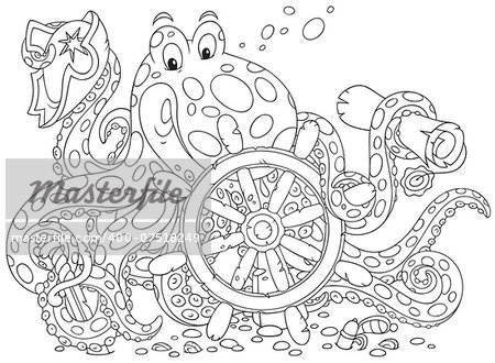 Big spotted octopus with a steering wheel, saber and map of Treasure Island, black and white outline illustration for a coloring book