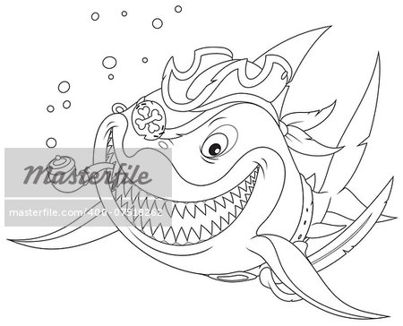 Great white shark with a pirate saber, hat and pipe, black and white outline illustration for a coloring book