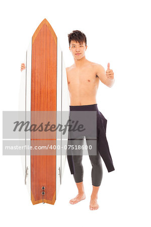 young surfer wearing wet suit and thumb up