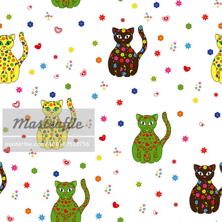 Seamless vector illustration with different multicolor stylized cats