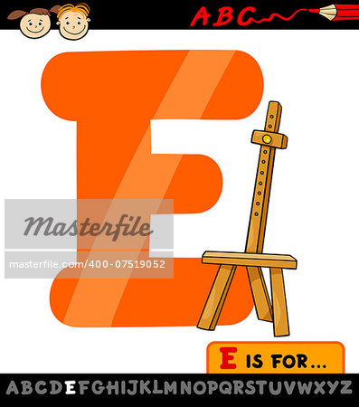 Cartoon Illustration of Capital Letter E from Alphabet with Easel for Children Education