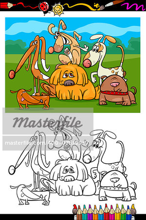 Coloring Book or Page Cartoon Illustration of Color and Black and White Dogs Group for Children