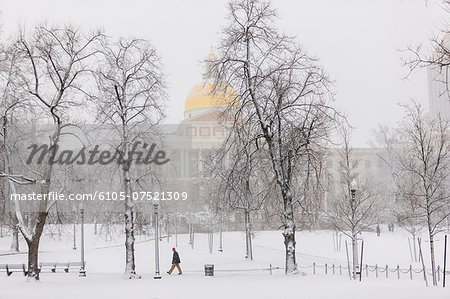 Massachusetts State House and Boston Common during blizzard in Boston, Suffolk County, Massachusetts, USA