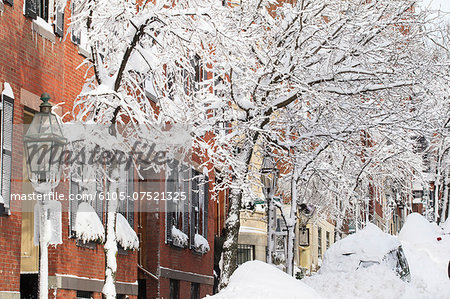 Snowbound auto on Pinckney Street after blizzard in Boston, Suffolk County, Massachusetts, USA