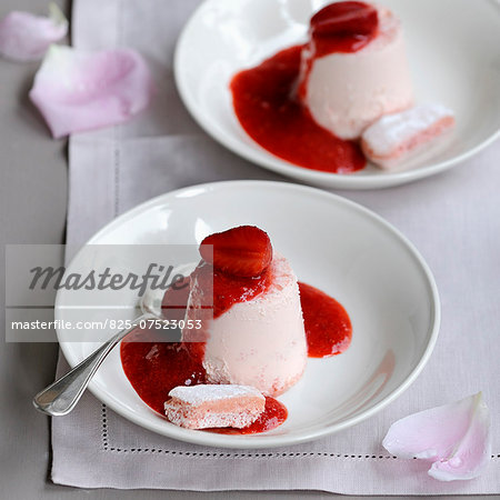 Rose-flavored panna cotta with summer fruit puree