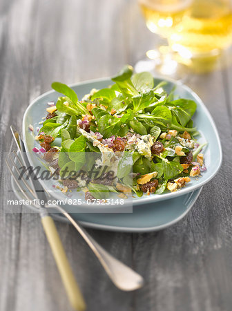 Corn lettuce, Fourme d'Ambert,walnut and raisin salad