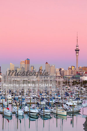 Westhaven Marina & city skyline illuminated at dusk, Waitemata Harbour, Auckland, North Island, New Zealand, Australasia Westhaven Marina & city skyline illuminated at dusk, Waitemata Harbour, Auckland, North Island, New Zealand, Australasia