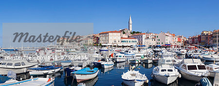 Panoramic image of the harbour and the old town with the cathedral of St. Euphemia, Rovinj, Istria, Croatia, Adriatic, Europe
