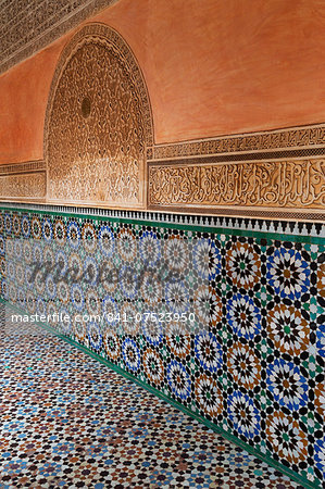 Traditional Moroccan Zallij tile work in the Ben Youssef Medersa, UNESCO World Heritage Site, Marrakech, Morocco, North Africa, Africa