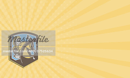 Business Card illustration of a fisherman sea captain at the helm steering wheel set inside shield crest shape done in retro style.