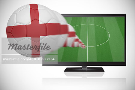 Football in england colours flying out of tv against white background with vignette