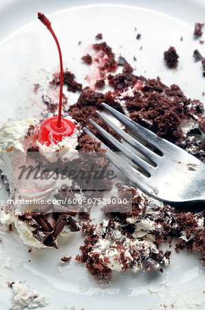 Close-up of half eaten black forest cake on white plate with fork, studio shot