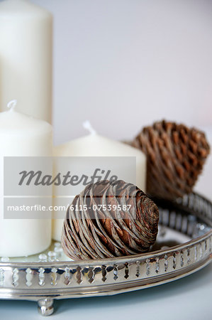 Christmas decoration with pine cones and candles, Munich, Bavaria, Germany