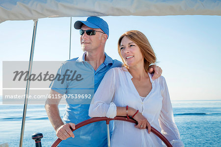 Mature couple sailing together, Adriatic Sea, Croatia