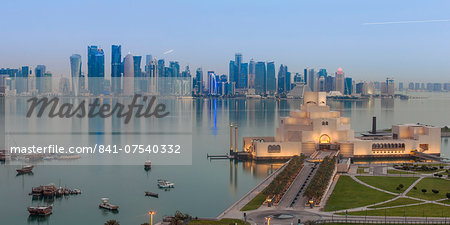 Museum of Islamic Art with West Bay skyscrapers in background, Doha, Qatar, Middle East
