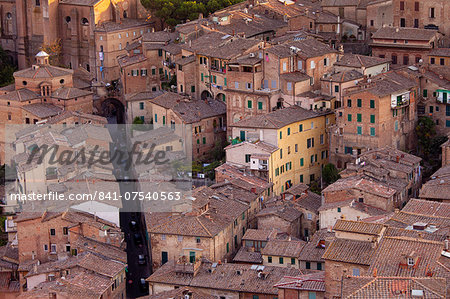 Aerial view of Siena from Il Torre, clock tower, in Piazza del Campo, Siena, Italy