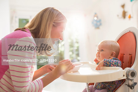 Mother feeding baby girl in high chair