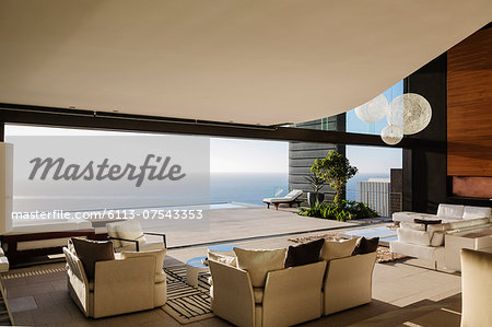 Modern living room overlooking ocean