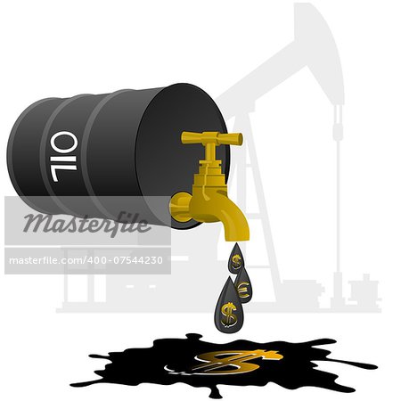 Barrel of oil products and stopcock dripping oil drops with currency symbols. Illustration on white background.