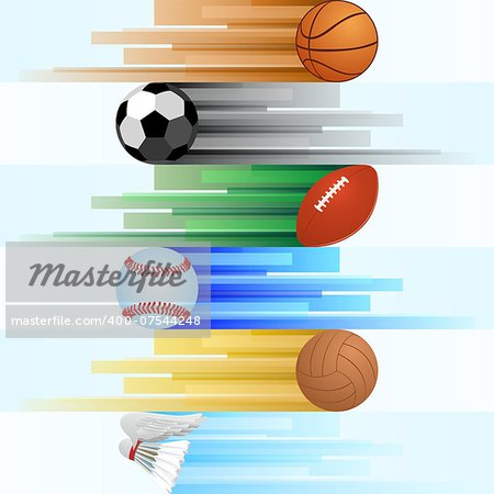 Balls for basketball, soccer, rugby, baseball, volleyball and shuttlecock badminton on an abstract background. Illustration on white background.