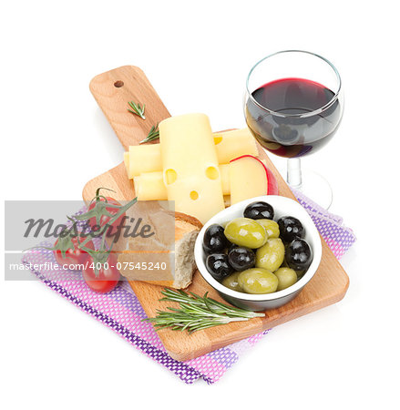 Red wine with cheese, bread, olives and spices. Isolated on white background