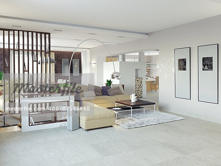 Big and comfortable living room.3D design concept