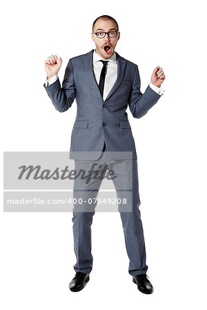 Funny dancing businessman. Copy space. Isolated on white.