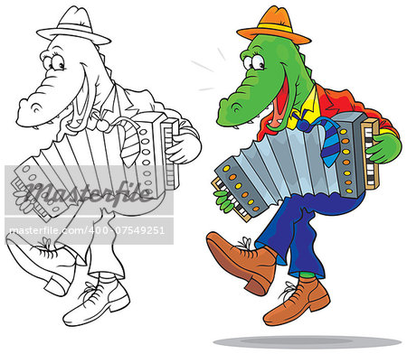 Funny crocodile dancing and playing an accordion, color and black-and-white outline illustrations on a white background