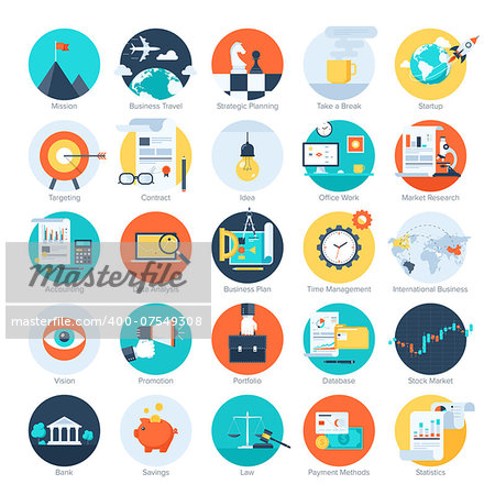 Vector collection of colorful flat business and finance icons. Design elements for mobile and web applications.