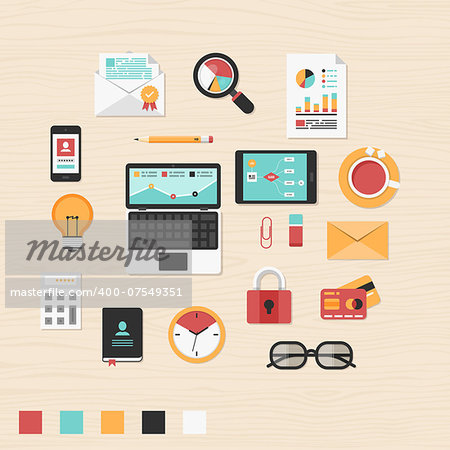 Vector collection of modern trendy flat business and office icons on table.