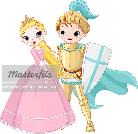 A cartoon illustration of a knight and a princess